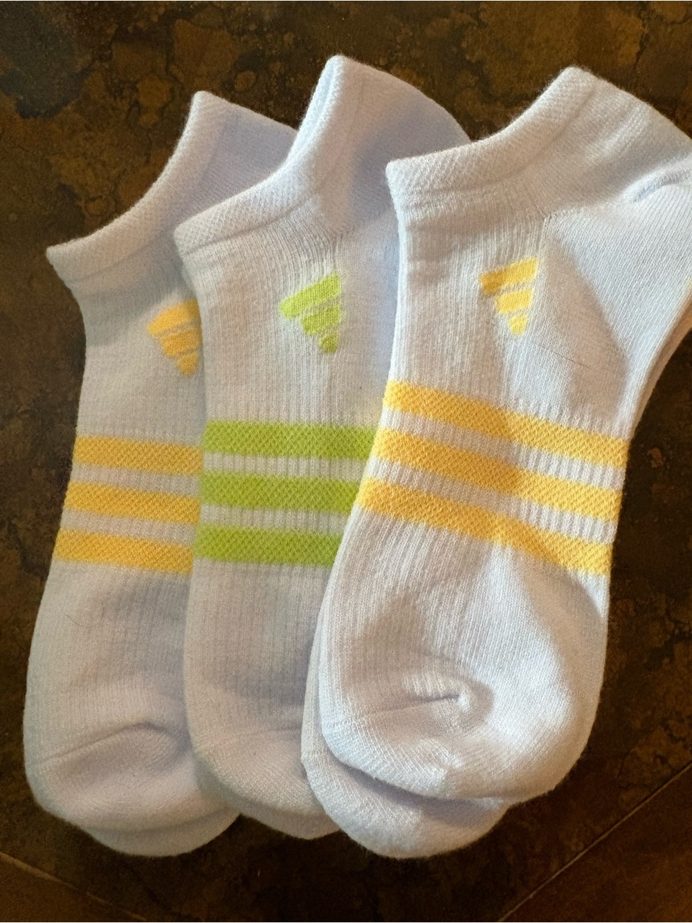 NWOT 3 pairs of adidas White Women's Ankle Socks with Yellow and Lime Stripes